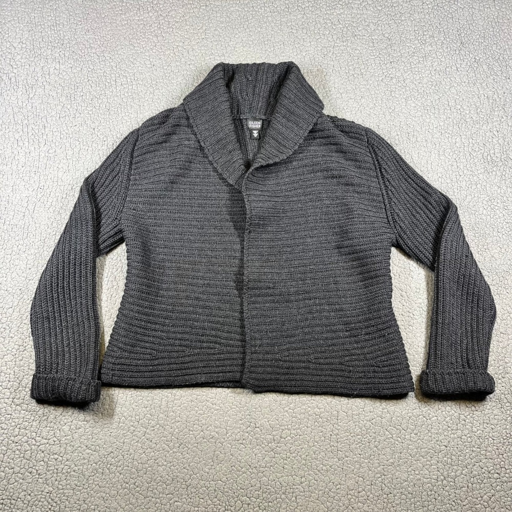 Eileen Fisher Cardigan Women M Merino Wool Shawl Collar Ribbed Gray Minimalist